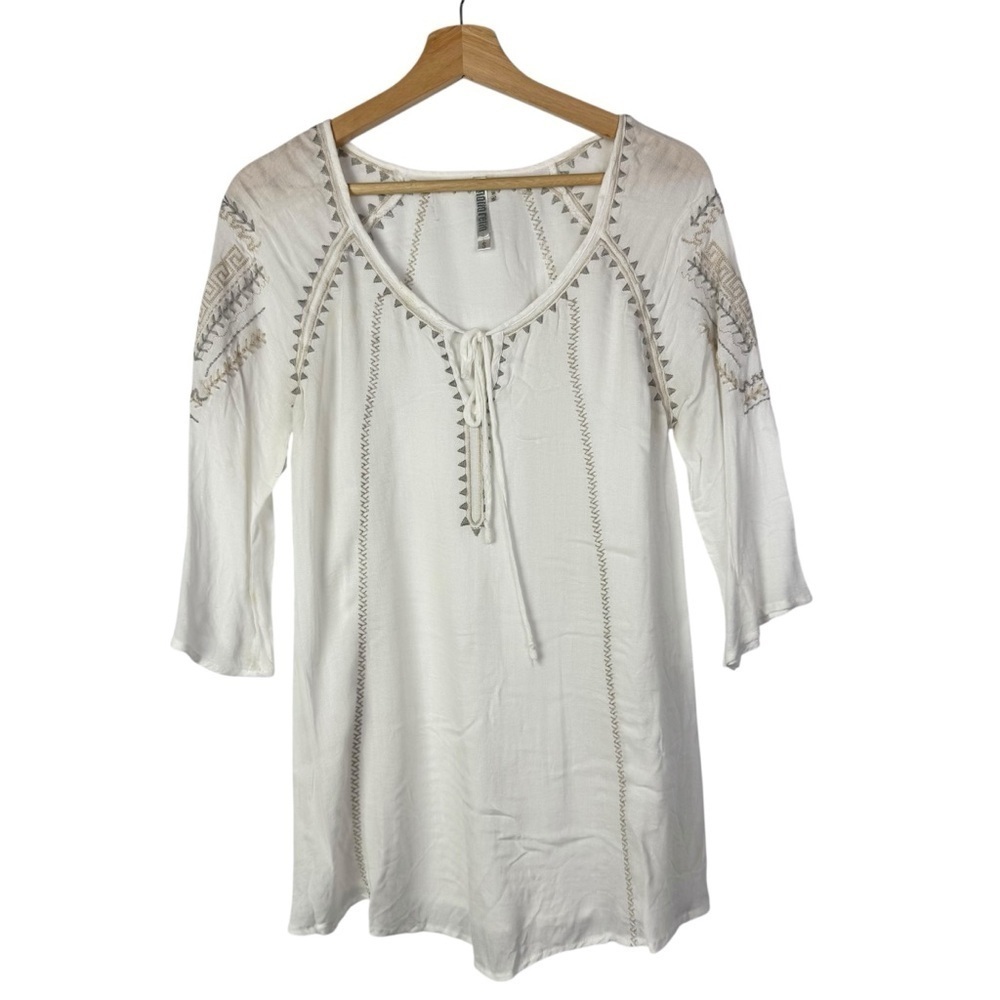 Monoreno White Embroidered Tie Neck Long Sleeve S